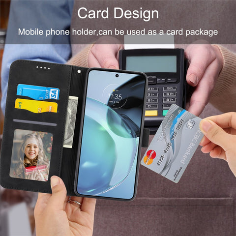 DIERFENG DF-03 Wallet Stand Phone Case for Motorola Moto G72 4G, PU Leather Lines Imprinted Shockproof Cover