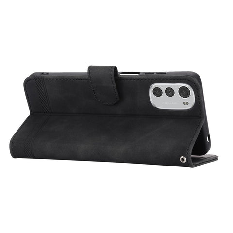 DIERFENG DF-03 Anti-scratch Leather Case for Motorola Moto E32 4G, Lines Imprinted Phone Wallet Stand Cover
