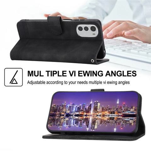 DIERFENG DF-03 Anti-scratch Leather Case for Motorola Moto E32 4G, Lines Imprinted Phone Wallet Stand Cover