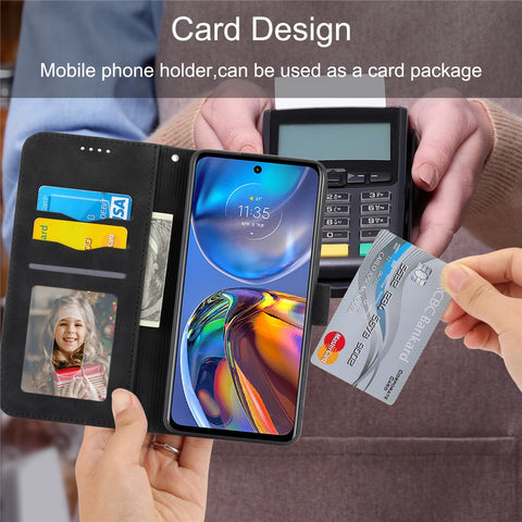 DIERFENG DF-03 Anti-scratch Leather Case for Motorola Moto E32 4G, Lines Imprinted Phone Wallet Stand Cover