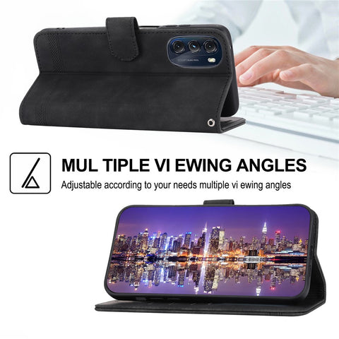 DIERFENG DF-03 Protective Phone Cover for Motorola Moto G (2022) 5G, Wallet Stand Lines Imprinted PU Leather Case
