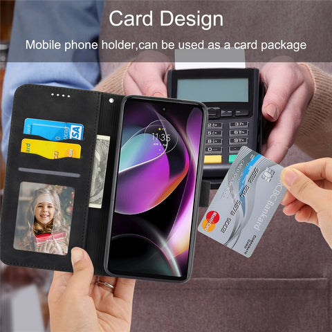 DIERFENG DF-03 Protective Phone Cover for Motorola Moto G (2022) 5G, Wallet Stand Lines Imprinted PU Leather Case
