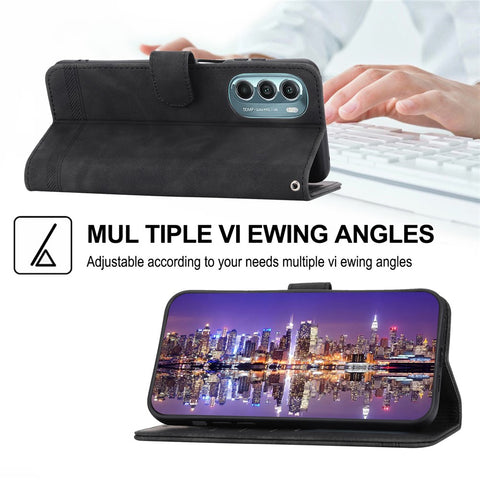 DIERFENG DF-03 Phone Stand Case for Motorola Moto G Stylus 5G (2022), Lines Imprinted PU Leather Wallet Phone Cover