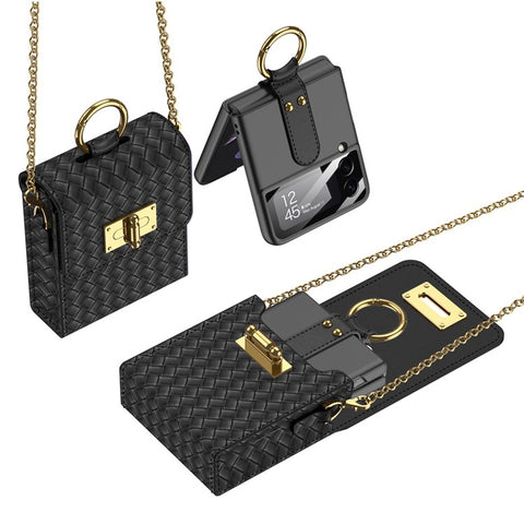 GKK Phone Case Bag for Samsung Galaxy Z Flip5 5G / Z Flip4 5G / Z Flip3 5G / Huawei P50 Pocket, Leather Phone Pouch with Chain Shoulder Strap