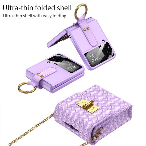 GKK Phone Case Bag for Samsung Galaxy Z Flip5 5G / Z Flip4 5G / Z Flip3 5G / Huawei P50 Pocket, Leather Phone Pouch with Chain Shoulder Strap