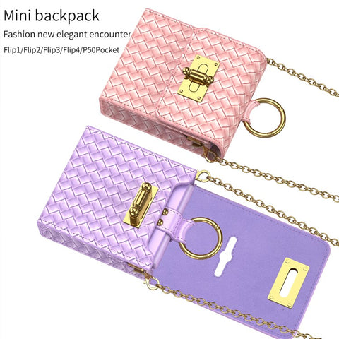 GKK Phone Case Bag for Samsung Galaxy Z Flip5 5G / Z Flip4 5G / Z Flip3 5G / Huawei P50 Pocket, Leather Phone Pouch with Chain Shoulder Strap