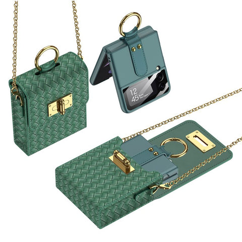 GKK Phone Case Bag for Samsung Galaxy Z Flip5 5G / Z Flip4 5G / Z Flip3 5G / Huawei P50 Pocket, Leather Phone Pouch with Chain Shoulder Strap