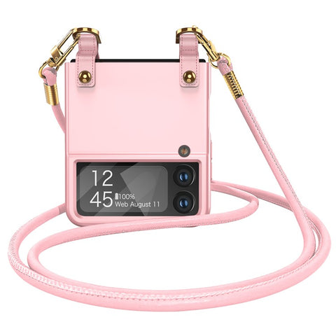 GKK Crossbody Phone Case for Samsung Galaxy Z Flip4 5G, Ultra-thin Leather Coated PC Phone Cover with Shoulder Strap