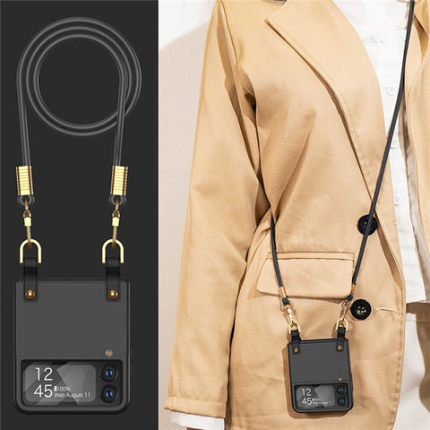 GKK Cell Phone Cover for Samsung Galaxy Z Flip3 5G, PU Leather Coated PC Crossbody Phone Case with Shoulder Strap