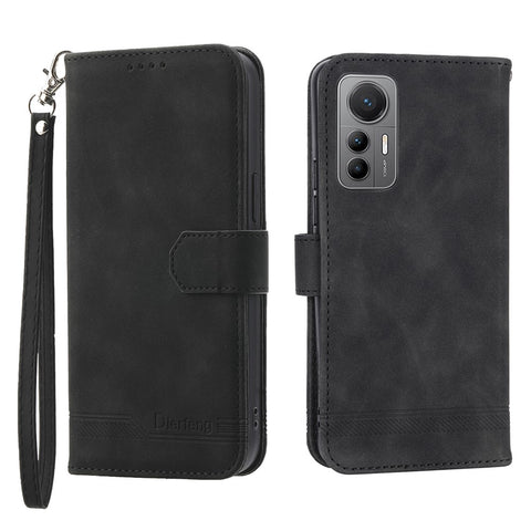 DIERFENG DF-03 for Xiaomi 12 Pro 5G / 12 Pro (Dimensity) 5G / 12S Pro 5G Wallet PU Leather Phone Case Lines Imprinted Phone Stand Cover- Black