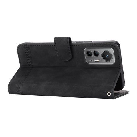 DIERFENG DF-03 for Xiaomi 12 Pro 5G / 12 Pro (Dimensity) 5G / 12S Pro 5G Wallet PU Leather Phone Case Lines Imprinted Phone Stand Cover- Black