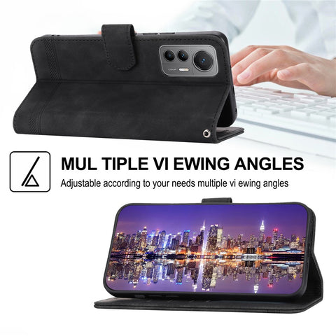 DIERFENG DF-03 for Xiaomi 12 Pro 5G / 12 Pro (Dimensity) 5G / 12S Pro 5G Wallet PU Leather Phone Case Lines Imprinted Phone Stand Cover- Black