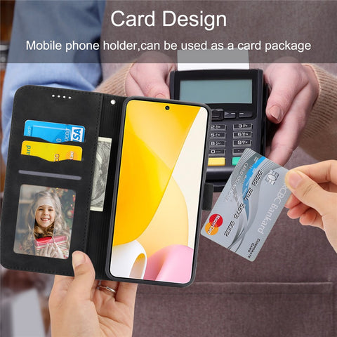 DIERFENG DF-03 for Xiaomi 12 Pro 5G / 12 Pro (Dimensity) 5G / 12S Pro 5G Wallet PU Leather Phone Case Lines Imprinted Phone Stand Cover- Black