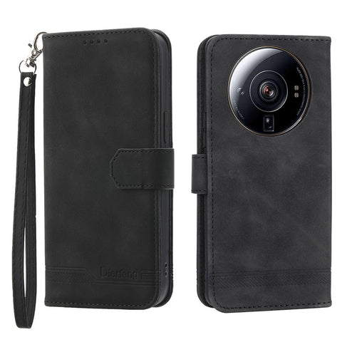 DIERFENG DF-03 Phone Case for Xiaomi 12S Ultra 5G, Wallet Stand PU Leather Shockproof Line Imprinted Cover