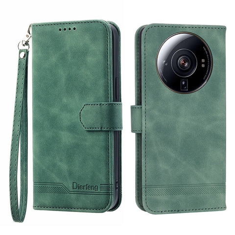 DIERFENG DF-03 Phone Case for Xiaomi 12S Ultra 5G, Wallet Stand PU Leather Shockproof Line Imprinted Cover