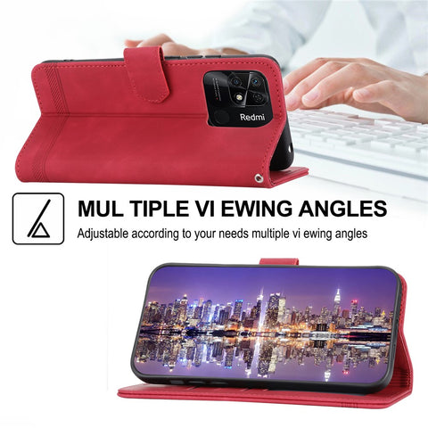 DIERFENG DF-03 for Xiaomi Redmi 10C 4G Phone Wallet Case Lines Imprinted Stand PU Leather Protective Phone Cover