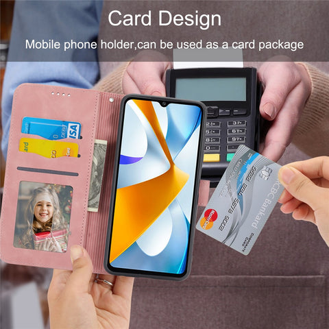 DIERFENG DF-03 Protective Phone Case for Xiaomi Poco C40 4G, PU Leather Lines Imprinted Wallet Phone Stand Cover