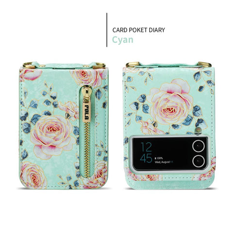 POLA Zipper Pocket PU Leather Phone Case for Samsung Galaxy Z Flip3 5G , Card Slots Holder Kickstand Rose Pattern Printing Cover