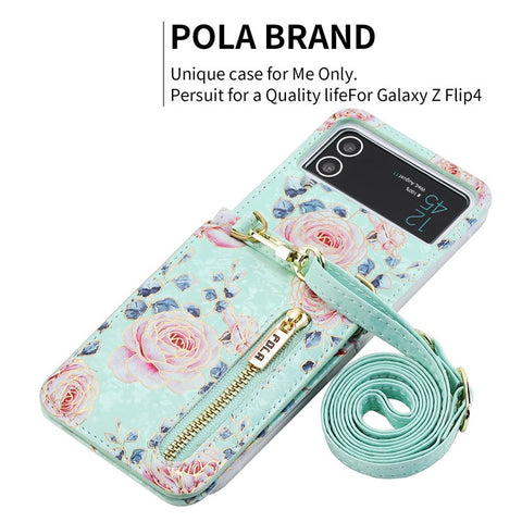 POLA Zipper Pocket PU Leather Phone Case for Samsung Galaxy Z Flip3 5G , Card Slots Holder Kickstand Rose Pattern Printing Cover