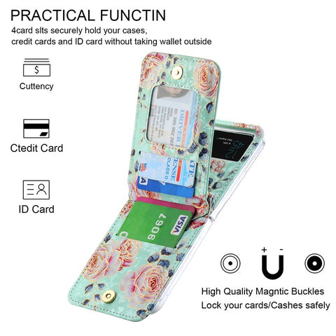 POLA Zipper Pocket PU Leather Phone Case for Samsung Galaxy Z Flip3 5G , Card Slots Holder Kickstand Rose Pattern Printing Cover