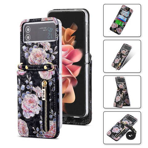 POLA Zipper Pocket PU Leather Phone Case for Samsung Galaxy Z Flip3 5G , Card Slots Holder Kickstand Rose Pattern Printing Cover