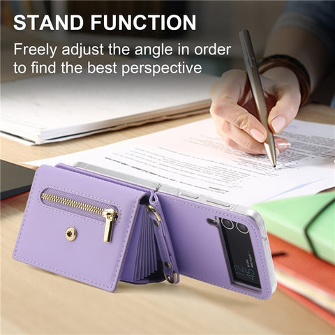POLA Crossbody Leather Phone Case For Samsung Galaxy Z Flip3 5G , Zipper Purse Kickstand Wallet Phone Cover