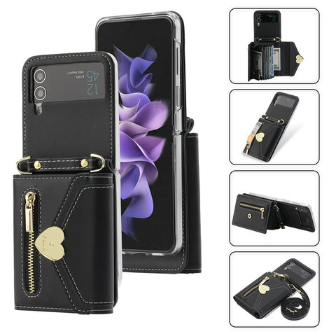 POLA Crossbody Leather Phone Case For Samsung Galaxy Z Flip3 5G , Zipper Purse Kickstand Wallet Phone Cover