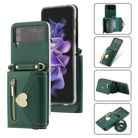 POLA Crossbody Leather Phone Case For Samsung Galaxy Z Flip3 5G , Zipper Purse Kickstand Wallet Phone Cover