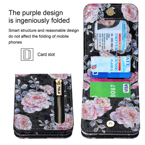 POLA For Samsung Galaxy Z Flip4 5G PU Leather Kickstand Phone Case Rose Pattern Printing Zipper Coin Pocket Cover with Card Holder