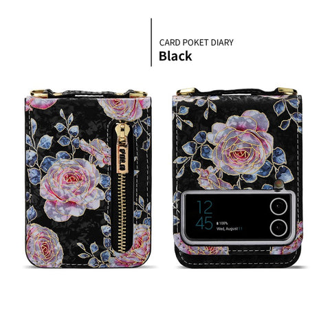 POLA For Samsung Galaxy Z Flip4 5G PU Leather Kickstand Phone Case Rose Pattern Printing Zipper Coin Pocket Cover with Card Holder