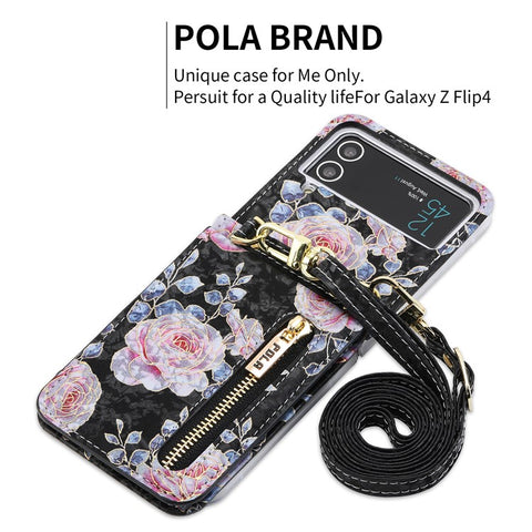 POLA For Samsung Galaxy Z Flip4 5G PU Leather Kickstand Phone Case Rose Pattern Printing Zipper Coin Pocket Cover with Card Holder