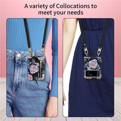 POLA For Samsung Galaxy Z Flip4 5G PU Leather Kickstand Phone Case Rose Pattern Printing Zipper Coin Pocket Cover with Card Holder