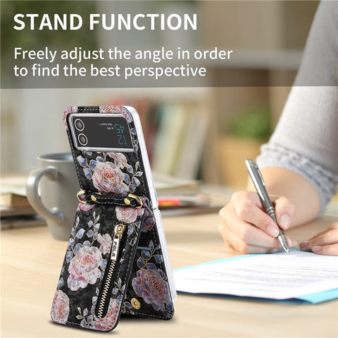 POLA For Samsung Galaxy Z Flip4 5G PU Leather Kickstand Phone Case Rose Pattern Printing Zipper Coin Pocket Cover with Card Holder