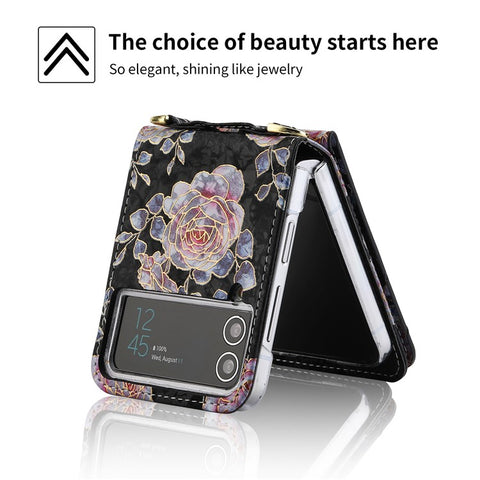 POLA For Samsung Galaxy Z Flip4 5G PU Leather Kickstand Phone Case Rose Pattern Printing Zipper Coin Pocket Cover with Card Holder