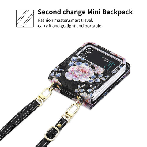 POLA For Samsung Galaxy Z Flip4 5G PU Leather Kickstand Phone Case Rose Pattern Printing Zipper Coin Pocket Cover with Card Holder