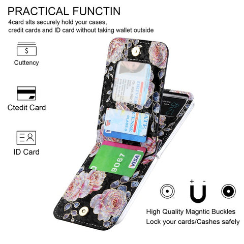 POLA For Samsung Galaxy Z Flip4 5G PU Leather Kickstand Phone Case Rose Pattern Printing Zipper Coin Pocket Cover with Card Holder