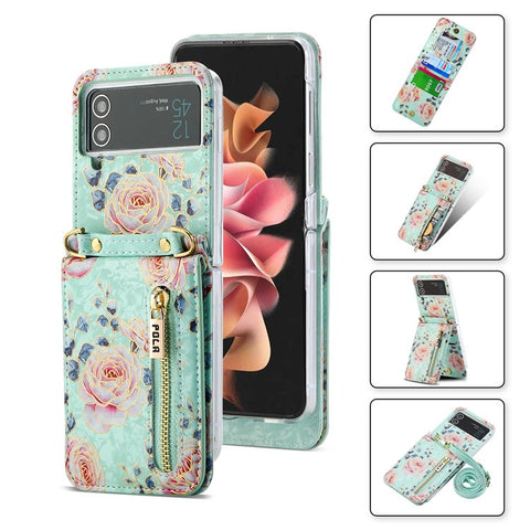 POLA For Samsung Galaxy Z Flip4 5G PU Leather Kickstand Phone Case Rose Pattern Printing Zipper Coin Pocket Cover with Card Holder