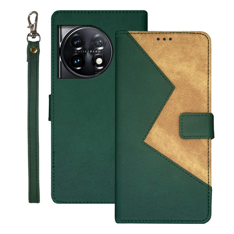 IDEWEI For OnePlus 11 5G Color Splicing Leather Magnetic Cover Phone Case with Card Slots and Wrist Strap