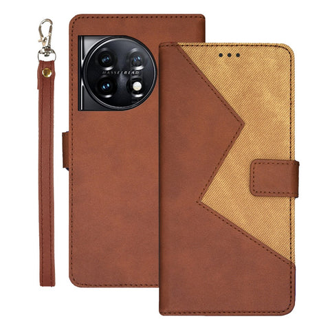 IDEWEI For OnePlus 11 5G Color Splicing Leather Magnetic Cover Phone Case with Card Slots and Wrist Strap
