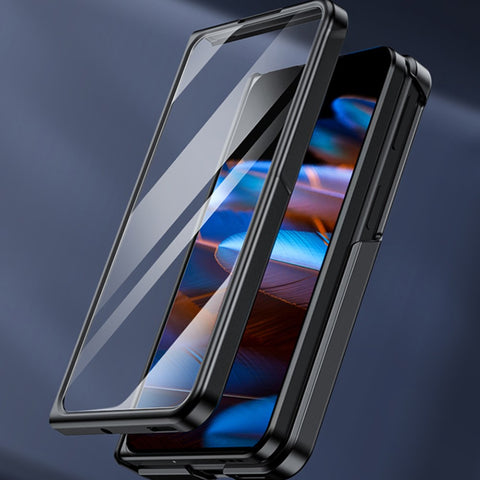 For Oppo Find N2 5G Hinge Protection Kickstand Phone Case PU Leather + PC Back Cover with Tempered Glass Film
