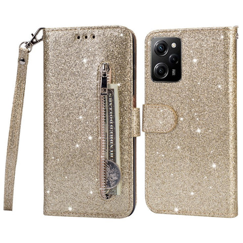 For Xiaomi Poco X5 Pro 5G / Redmi Note 12 Pro Speed 5G / Note 12 Pro 5G Glittery Phone Case PU Leather Zippered Wallet Cover