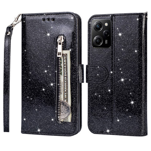 For Xiaomi Poco X5 Pro 5G / Redmi Note 12 Pro Speed 5G / Note 12 Pro 5G Glittery Phone Case PU Leather Zippered Wallet Cover