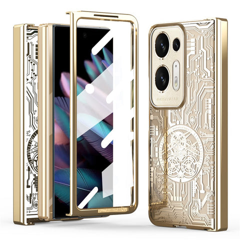 For Oppo Find N2 5G Mechanical Legend Series Electroplating PC Folding Phone Case Cover with Tempered Glass Film