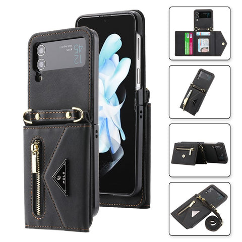 POLA For Samsung Galaxy Z Flip3 5G Zipper Pocket Kickstand Multiple Card Slots PU Leather Phone Cover with Shoulder Strap