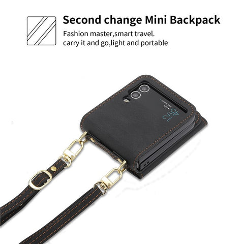 POLA For Samsung Galaxy Z Flip3 5G Zipper Pocket Kickstand Multiple Card Slots PU Leather Phone Cover with Shoulder Strap