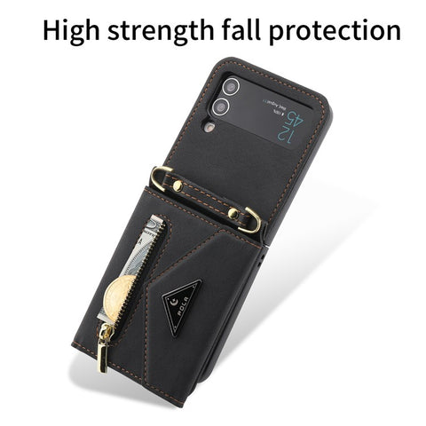 POLA For Samsung Galaxy Z Flip3 5G Zipper Pocket Kickstand Multiple Card Slots PU Leather Phone Cover with Shoulder Strap