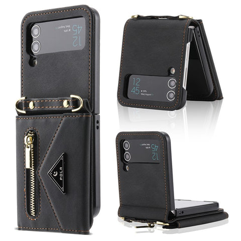 POLA For Samsung Galaxy Z Flip3 5G Zipper Pocket Kickstand Multiple Card Slots PU Leather Phone Cover with Shoulder Strap