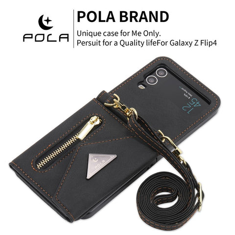 POLA For Samsung Galaxy Z Flip3 5G Zipper Pocket Kickstand Multiple Card Slots PU Leather Phone Cover with Shoulder Strap