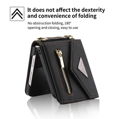 POLA For Samsung Galaxy Z Flip3 5G Zipper Pocket Kickstand Multiple Card Slots PU Leather Phone Cover with Shoulder Strap