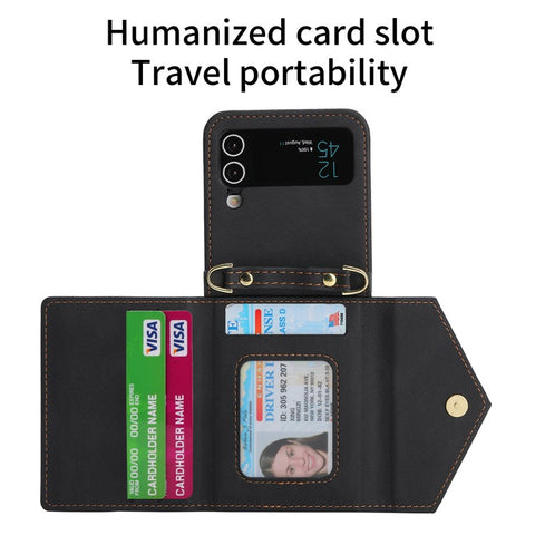 POLA For Samsung Galaxy Z Flip3 5G Zipper Pocket Kickstand Multiple Card Slots PU Leather Phone Cover with Shoulder Strap